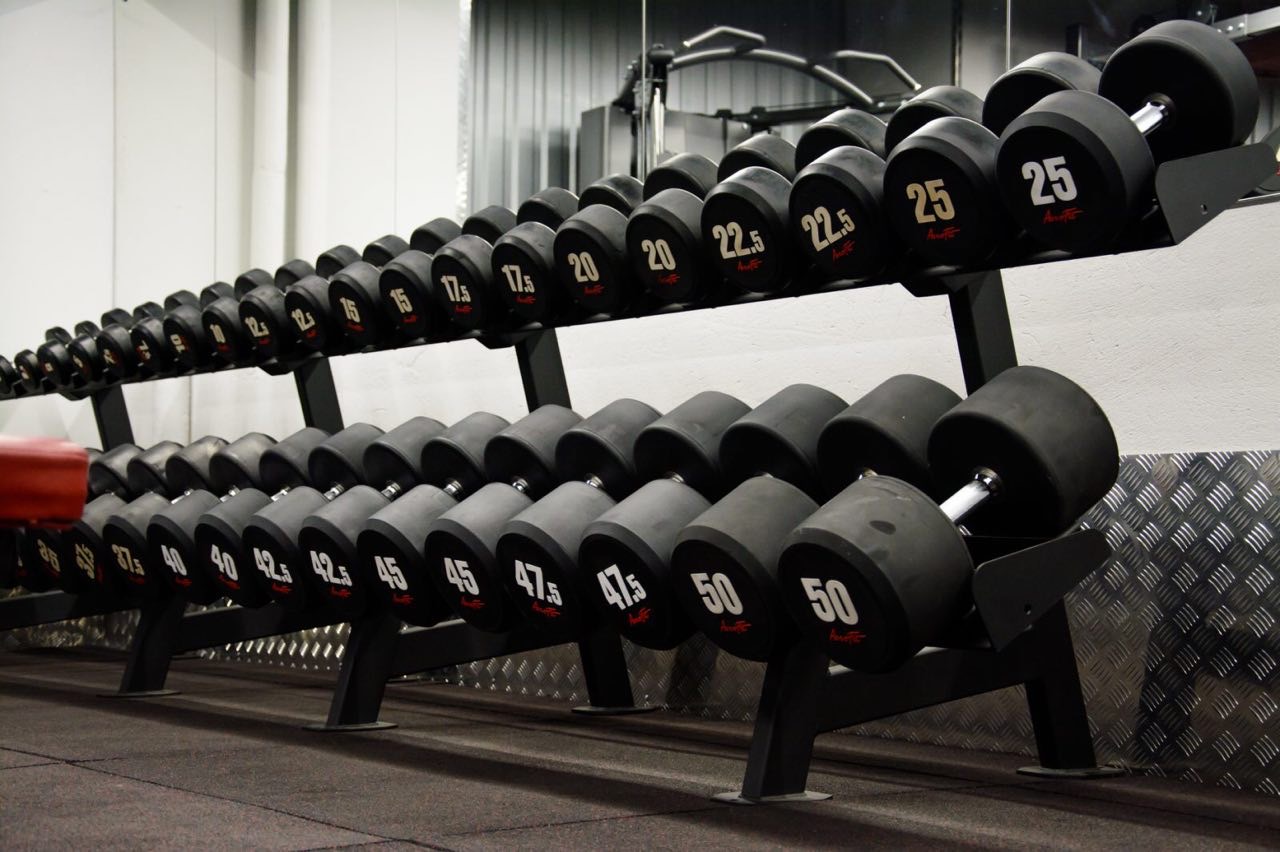 Два ряда гантелей разного веса в тренажёрном зале IRON FITNESS